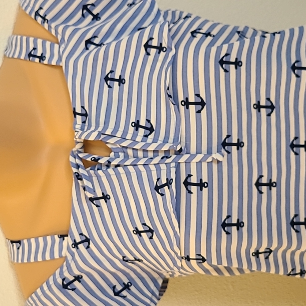 NWOT Lily Bleu girls top Med (8-10) blue/white striped with anchor pattern